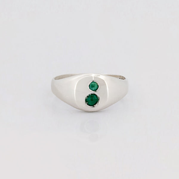 PERPETUAL signet ring in sterling silver, set with hydrothermal emeralds. Handmade in Melbourne by AGOVIA.