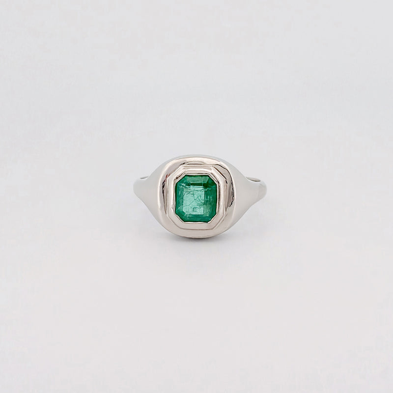 CEDAR signet ring in platinum, set with an emerald-cut Zambian emerald. Handmade in Melbourne by AGOVIA.