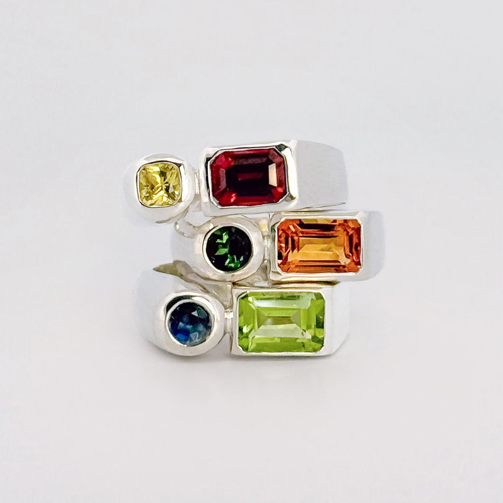 ARANSO Ring in recycled sterling silver, set with a Madeira citrine and green tourmaline. Handmade in Melbourne by AGOVIA.