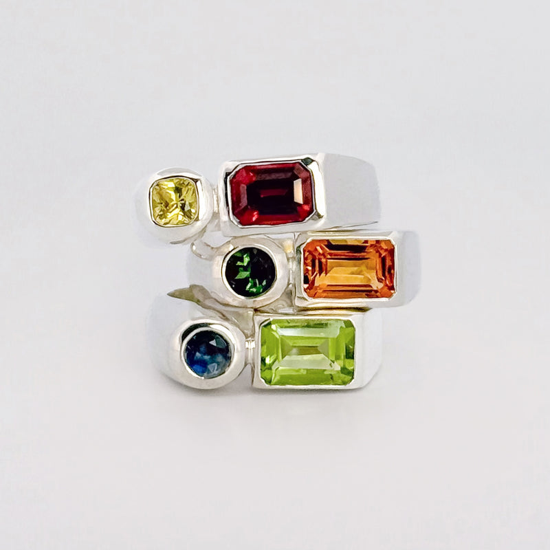 ARANSO Ring in sterling silver, set with a Madeira citrine and green tourmaline. Handmade in Melbourne by AGOVIA.