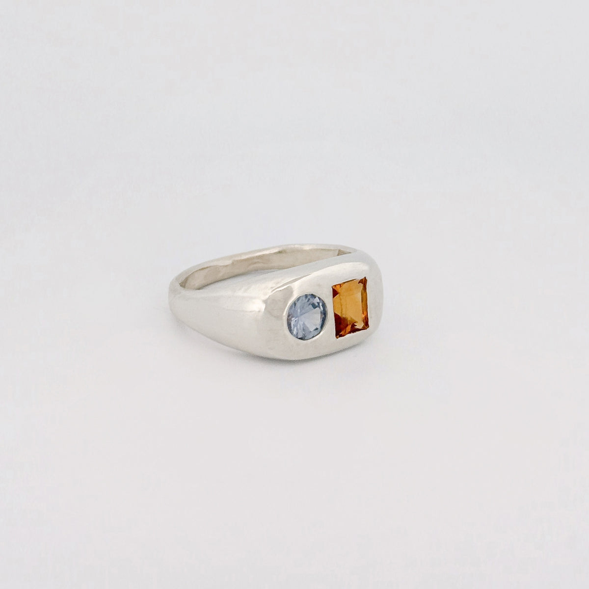 BASTIA Ring in sterling silver, set with a baguette citrine and pastel Ceylon sapphire. Handmade in Melbourne by AGOVIA.