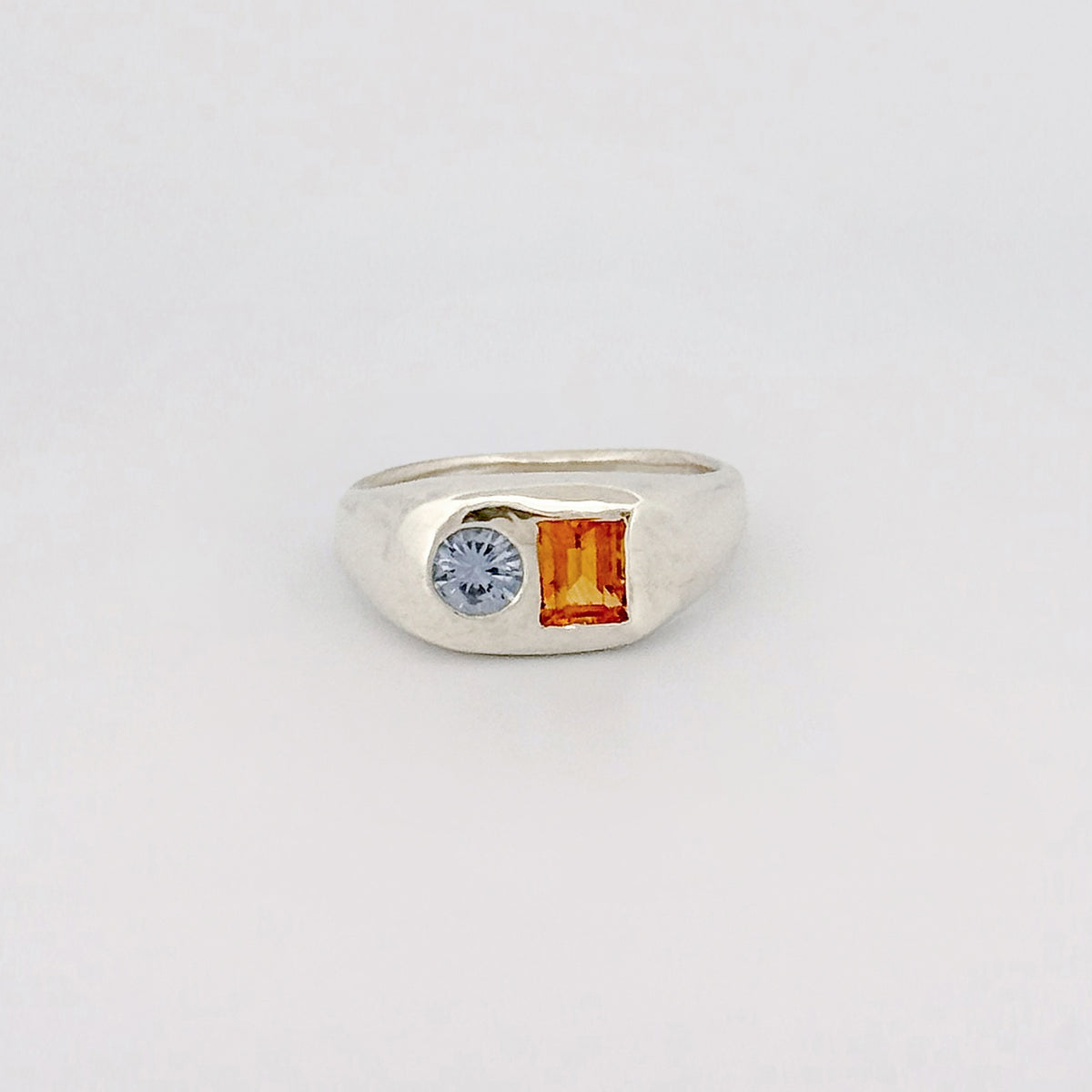 BASTIA Ring in sterling silver, set with a 5x4mm baguette-cut citrine and a 4mm pastel Ceylon sapphire. Handmade in Melbourne by AGOVIA.