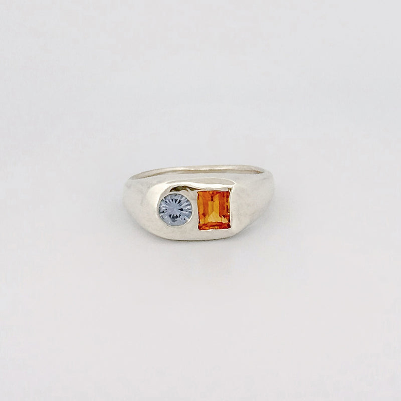 BASTIA Ring in sterling silver, set with a 5x4mm baguette-cut citrine and a 4mm pastel Ceylon sapphire. Handmade in Melbourne by AGOVIA.