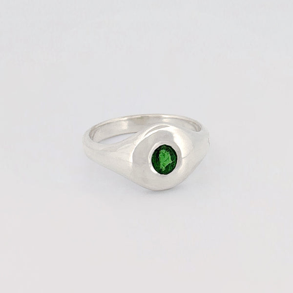 ORI Ring in sterling silver, set with a 4x3mm oval-cut Tsavorite garnet. Handmade in Melbourne by AGOVIA.