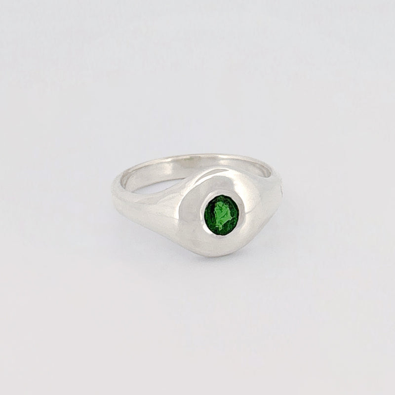 ORI Ring in sterling silver, set with a 4x3mm oval-cut Tsavorite garnet. Handmade in Melbourne by AGOVIA.