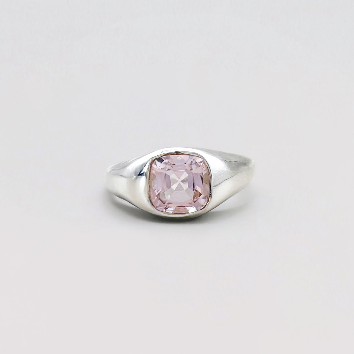 SOPHIE Ring in 9ct white gold, set with a 6mm cushion-cut morganite. Handmade in Melbourne by AGOVIA.