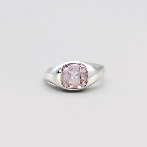 SOPHIE Ring in 9ct white gold, set with a 6mm cushion-cut morganite. Handmade in Melbourne by AGOVIA.