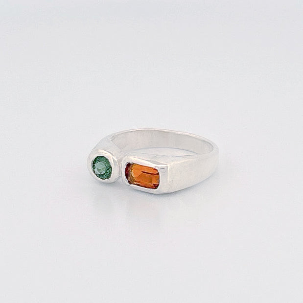 ARANSO Ring in sterling silver, set with a Madeira citrine and green tourmaline. Handmade in Melbourne by AGOVIA.