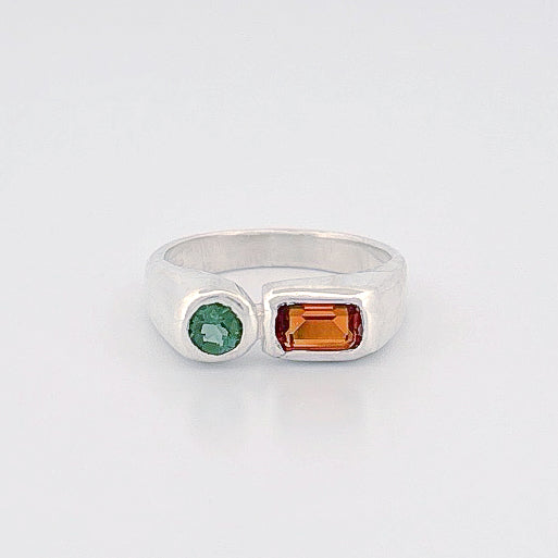 ARANSO Ring in sterling silver, set with a Madeira citrine and green tourmaline. Handmade in Melbourne by AGOVIA.